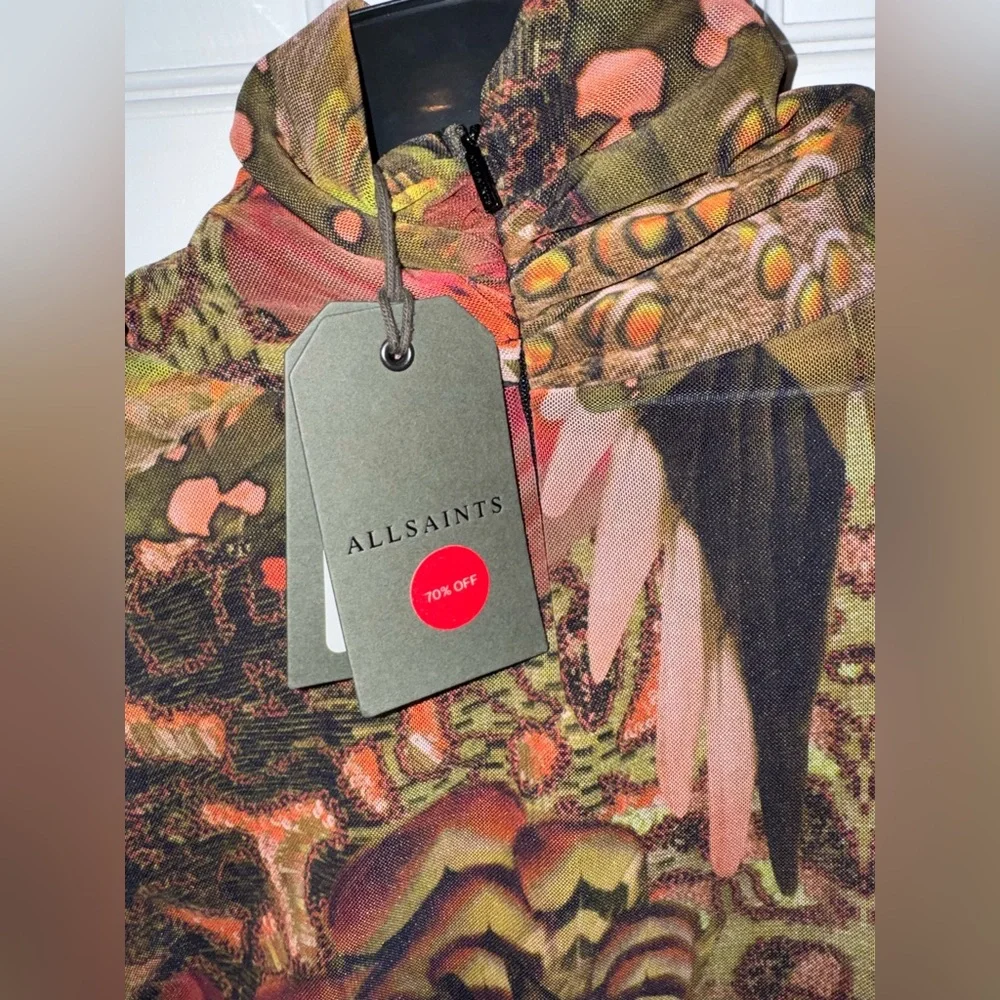 All Saints Long Sleeve Printed Bodycon Dress - Olive, Rust & Pink - Picture 5 of 8